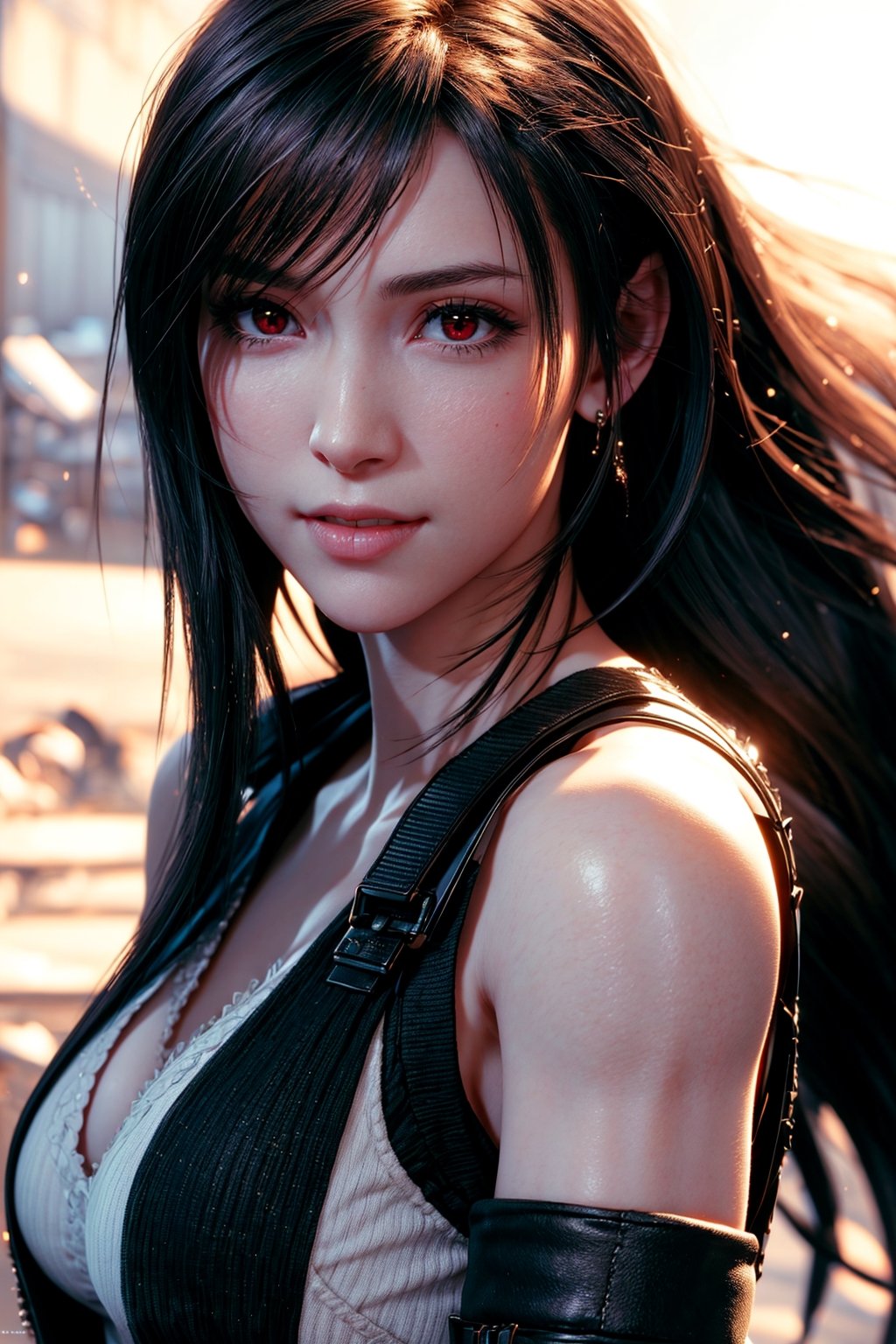close up portrait, tifa, tifa FF7, tifa_lockhart, tifa lockhart, final fantasy vii remake, 1girl, ankle boots, black hair, black skirt, black thighhighs, boots, breasts, crop top, elbow gloves, elbow pads, suspenders, fingerless gloves, official art, long hair,very detailed image, curvy_figure, mixture of fantasy and realism, hdr, ultra hd, 4k, 8k,perfecteyes,realhands,(Photorealistic: 1.4), top quality, very delicate and beautiful, high resolution,beautiful detailed red eyes, face light, high exposure,(medium_breasts: 1.2),ff7r style, smiling, night, outdoor, unreal engine 5, super realistic, sexy pose,wonder beauty ,1 girl