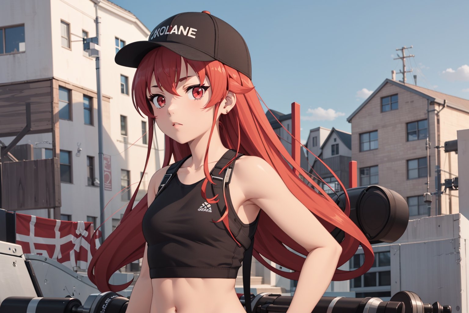 1girl, solo, beautiful girl with beautiful red eyes and hair, girl with casual style, crop top, feminine, medium breast, flat expression

ultra detail, ultra realistic,eris greyrat, 3D anime,

from side, facing the viewer, looking at viewer, stylish girl, chest visible,

sports sling bag, girls sports hat,

on the gym