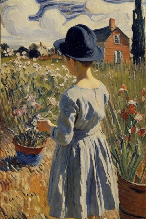 Oilpainting, autumn day,  small garage faraway ,photo r3al,impressionism, ((a cut girl looking at views )), having hat, holding a big bundle of flowers, around flowers fields 