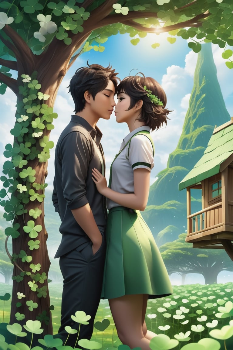 32K 3D fantasy digital painting of a young romantic Taiwanese couple close-up, full body, detailed face,  look like (sakimichan and makoto shinkai) style, Taiwanese handsome boy and Taiwanese pretty girl have romantic kissing moment stand on Clover treehouse in clover treehouse-land, surrounded by unimaginable Clover clusters, 32K close-up