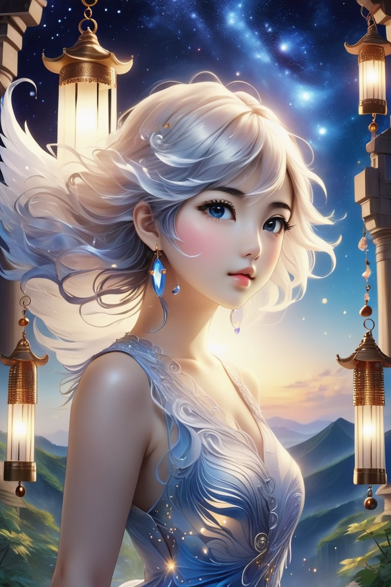 (Masterpiece, Best Quality: 1.5), Poser Art, 32K magical romantic (Taiwanese manga style:2), young cute romantic Taiwanese (hetero-couple close-up), full body, big eyes, detailed face and fingers, short-haired Taiwanese handsome young man and his beautiful Taiwanese girlfriend walk through wind chime cloister in a starry swirling whirlpool of bright lighting blue-white gradient hues, (wind chimes:2), tiny wind chimes, best starlight romance, blue-white gradient filter, exquisite quality, 32K, 32K high quality, intricate lighting, luminism, very high details, sharp background, mysticism, (Magic), 32K, 32K (close-up), 32K (Beautifully Detailed Face and Fingers), (Five Fingers), cinematic glowing light effects,DonMW15pXL