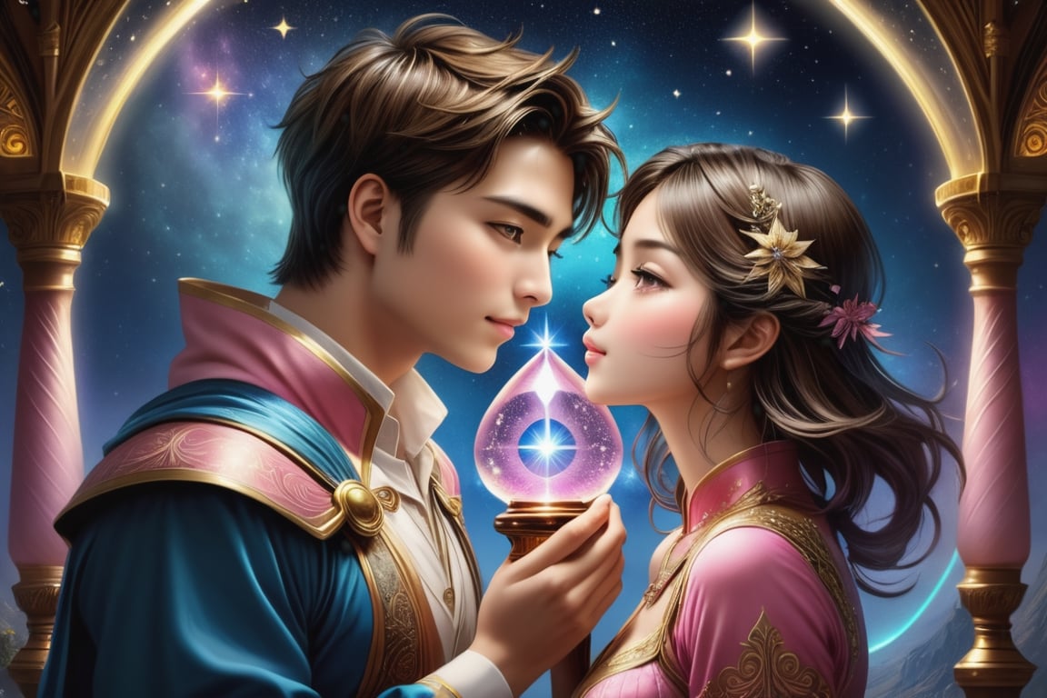 (Fidelity: 1.0), (masterpiece:1.5), (best quality:1.5), (ultra-detailed:1.5), (32K resolution:1.5), (close-up:1.2), 32K magical romantic Taiwanese comic art style, young cute romantic Taiwanese heterosexual close-up, full body, big eyes, detailed face and fingers, short-haired Taiwanese handsome boy and his beautiful Taiwanese girlfriend kiss next to a extremely (giant fantasy hourglass), best starlight romance, blue-pink gradient filter, exquisite quality, 32K, 32K high quality, intricate lighting, luminism, very high details, sharp background, mysticism, (Magic), 32K, 32K (close-up), 32K (Beautifully Detailed Face and Fingers), (Five Fingers), cinematic glowing light effects,DonMSn0wM4g1cXL,DonMC1rcu17Pl4nXL,DonMSt34mPXL,DonMD4rkT00nXL ,DonMM1y4XL,DonMASKTexXL 