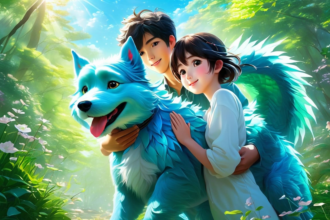 (Masterpiece, Best Quality: 1.5), 32K Magical Fantasy Romantic Line Art, Alpacifista. young, shiny, milky skin, a stunningly amazingly adorable big-eyes ((Taiwanese-teenage-couple)), who look like (sakimichan and makoto shinkai), 1boy and 1girl side by side, in a shimmering azure forest, a young Taiwanese teenage couple stroll hand in hand, accompanied by their beloved green schnauzer with head horns. The trio is bathed in the soft glow of the cerulean sky and the brilliant azure sun descending in the background. This dynamic and vivid image, likely a detailed painting, captures the couple's carefree spirit and the bond they share with their loyal canine companion. The rich hues and intricate details create a mesmerising scene that exudes tranquillity and harmony. intricate details, very high details, sharp background, mysticism, (Magic), 32K, 32K Quality close-up, (Beautifully Detailed Face and Fingers), (Five Fingers) Each Hand, creative glowing effect,DonM3lv3nM4g1cXL,stworki,dragon,DonMB4nsh33XL ,potma style,shards,Disney pixar style,Dragon,aki,aoki,glass,brocken glass