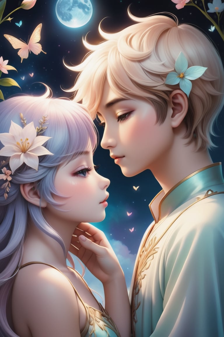 32K digital painting of 1boy-kiss-1girl by a soft anime-style nestled in a dreamscape, inspired by Nara Yoshitomo featuring pastel shades, whimsical creatures, interweaving Jeremiah Ketner's delicate flora and subtle surrealism, for a children's book illustration, gentle, ethereal, diffused natural light, intricate details, very high details, sharp background, mysticism, (Magic), 32K, 32K Quality close-up, (Beautifully Detailed Face and Fingers), (Five Fingers) Each Hand, creative glowing effect,aki