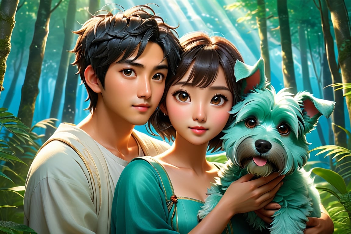 (Masterpiece, Best Quality: 1.5), 32K Magical Fantasy Romantic Line Art, Alpacifista. young, shiny, milky skin, a stunningly amazingly adorable big-eyes ((Taiwanese-teenage-couple)), who look like (sakimichan and makoto shinkai), 1boy and 1girl side by side, in a shimmering azure forest, a young Taiwanese teenage couple stroll hand in hand, accompanied by their beloved green schnauzer with head horns. The trio is bathed in the soft glow of the cerulean sky and the brilliant azure sun descending in the background. This dynamic and vivid image, likely a detailed painting, captures the couple's carefree spirit and the bond they share with their loyal canine companion. The rich hues and intricate details create a mesmerising scene that exudes tranquillity and harmony. intricate details, very high details, sharp background, mysticism, (Magic), 32K, 32K Quality close-up, (Beautifully Detailed Face and Fingers), (Five Fingers) Each Hand, creative glowing effect,DonM3lv3nM4g1cXL,stworki,dragon,DonMB4nsh33XL ,potma style