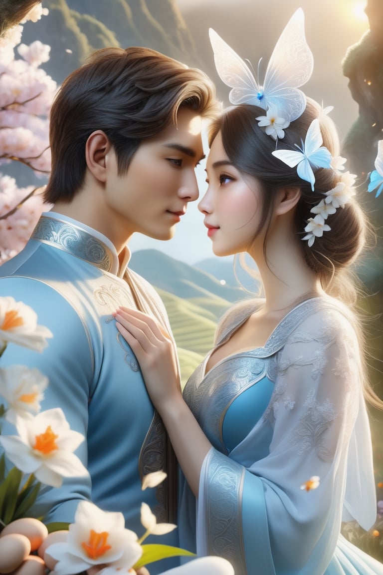 (Fidelity: 1.4), (Masterpiece, Best Quality: 1.5), Ultra High Resolution, Poster, Fantasy Art, Very Detailed Faces, 32K resolution, Chinese Style, a young romantic Taiwan couple close-up, Taiwan handsome boy and Taiwan pretty girl play with fantasy Easter bunnies and Easter Eggs in the fantasy eggland, best romance, Side Face, Quiet, Pale Blue outfits, Dark Brown Hair, white Ornament, White Ribbon, White Flower Bush, Light Blue Butterfly Flying, cinematic lighting effects, 