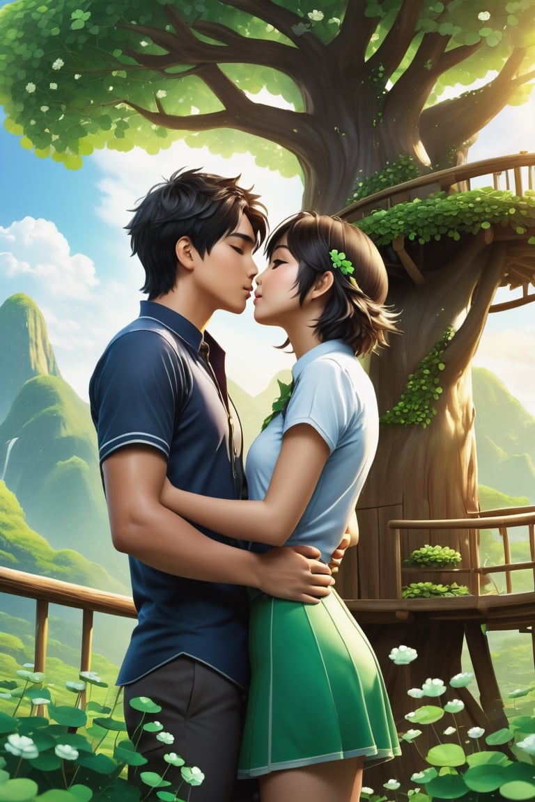 32K 3D fantasy digital painting of a young romantic Taiwanese couple close-up, full body, detailed face,  look like (sakimichan and makoto shinkai) style, Taiwanese handsome boy and Taiwanese pretty girl have romantic kissing moment stand on Clover treehouse in clover treehouse-land, surrounded by unimaginable Clover clusters, 32K close-up