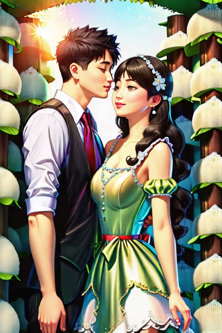 (Masterpiece, Best Quality: 1.5), 32K 3d digital painting. a shiny, milky skin, young, stunningly amazingly adorable big-eyes ((Taiwanese couple:2)), look like (sakimichan and makoto shinkai) style, 32K 3D fantasy digital painting of a young romantic Taiwanese couple close-up, full body, detailed face, look like (sakimichan and makoto shinkai) style, Taiwanese handsome boy and Taiwanese pretty girl have romantic kissing moment stand on Clover treehouse in clover treehouse-land, surrounded by unimaginable Clover clusters, 32K close-up