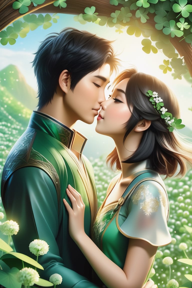 32K 3D fantasy digital painting of a young romantic Taiwanese couple close-up, full body, detailed face,  look like (sakimichan and makoto shinkai) style, Taiwanese handsome boy and Taiwanese pretty girl have romantic kissing moment stand on Clover treehouse in clover treehouse-land, surrounded by unimaginable Clover clusters, 32K close-up