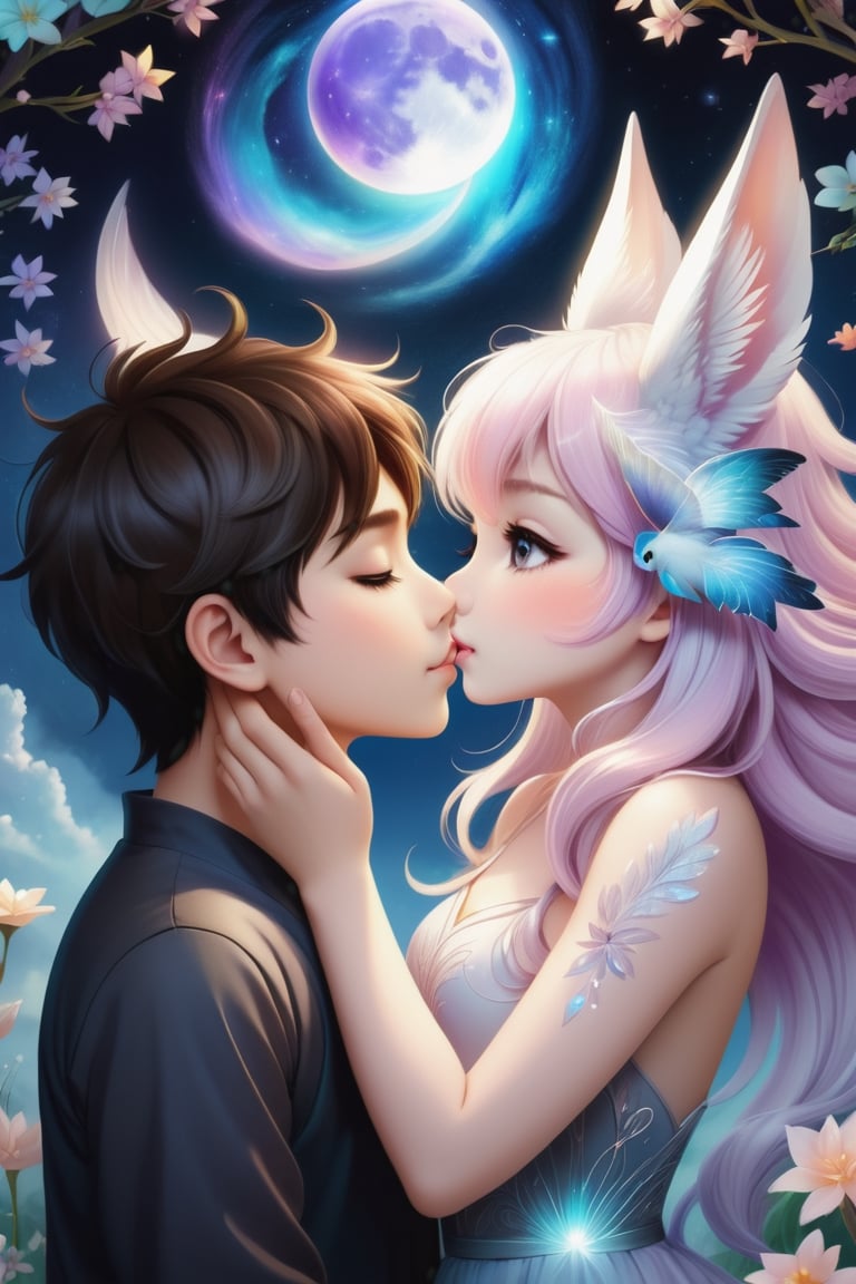 32K digital painting of 1boy-kiss-1girl by a soft anime-style nestled in a dreamscape, inspired by Nara Yoshitomo featuring pastel shades, whimsical creatures, interweaving Jeremiah Ketner's delicate flora and subtle surrealism, for a children's book illustration, gentle, ethereal, diffused natural light, intricate details, very high details, sharp background, mysticism, (Magic), 32K, 32K Quality close-up, (Beautifully Detailed Face and Fingers), (Five Fingers) Each Hand, creative glowing effect,aki