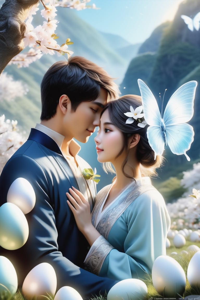 (Fidelity: 1.4), (Masterpiece, Best Quality: 1.5), Ultra High Resolution, Poster, Fantasy Art, Very Detailed Faces, 32K resolution, Chinese Style, a young romantic Taiwan couple close-up, Taiwan handsome boy and Taiwan pretty girl play with fantasy Easter bunnies and Easter Eggs in the fantasy eggland, best romance, short hair man, Quiet, Pale Blue outfits, Dark Brown Hair, white Ornament, White Ribbon, White Flower Bush, Light Blue Butterfly Flying, cinematic lighting effects, 