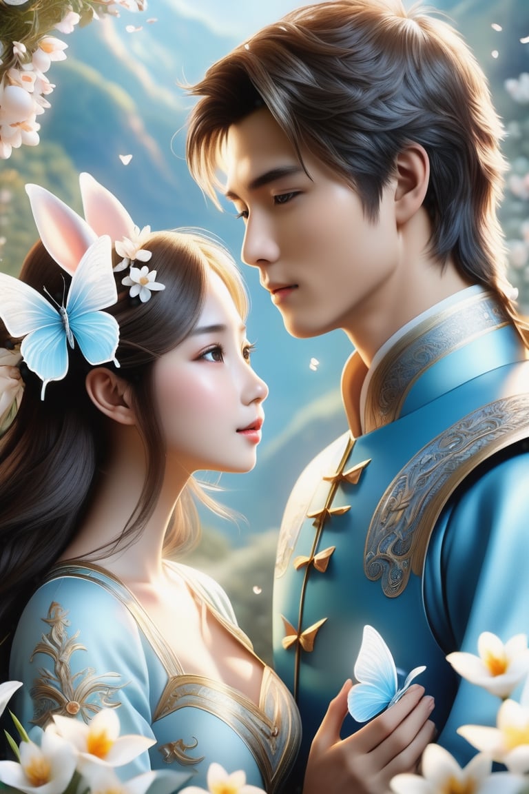 (Fidelity: 1.4), (Masterpiece, Best Quality: 1.5), Ultra High Resolution, Poster, Fantasy Art, Very Detailed Faces, 32K resolution, Chinese Style, a young romantic Taiwan couple close-up, Taiwan handsome boy and Taiwan pretty girl play with fantasy Easter bunnies and Easter Eggs in the fantasy eggland, best romance, Side Face, Quiet, Pale Blue outfits, Dark Brown Hair, white Ornament, White Ribbon, White Flower Bush, Light Blue Butterfly Flying, cinematic lighting effects, 