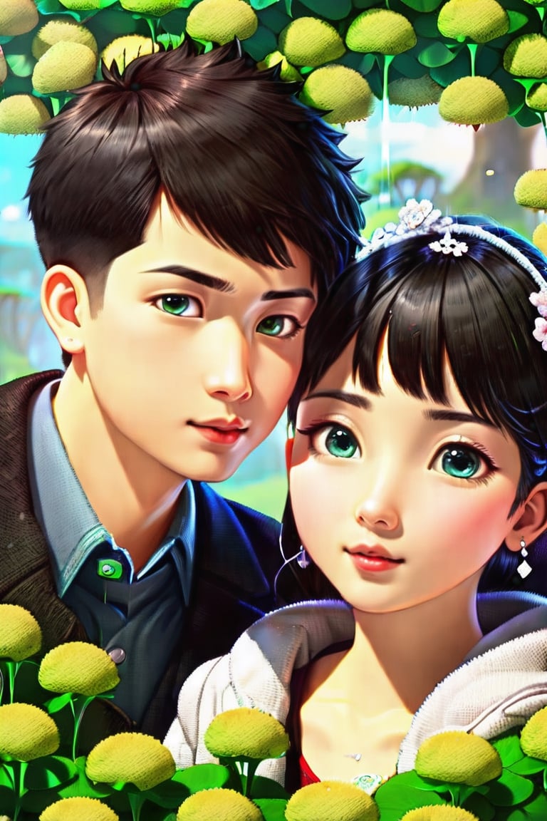 (Masterpiece, Best Quality: 1.5), 32K 3d digital painting. a shiny, milky skin, young, stunningly amazingly adorable big-eyes ((Taiwanese couple:2)), look like (sakimichan and makoto shinkai) style, 32K 3D fantasy digital painting of a young romantic Taiwanese couple close-up, full body, detailed face, look like (sakimichan and makoto shinkai) style, Taiwanese handsome boy and Taiwanese pretty girl have romantic kissing moment stand on Clover treehouse in clover treehouse-land, surrounded by unimaginable Clover clusters, 32K close-up