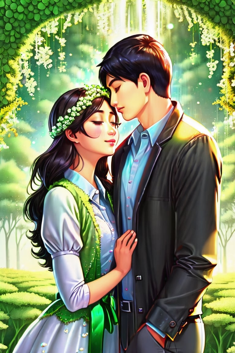 (Masterpiece, Best Quality: 1.5), 32K Magical Fantasy Romantic Clover Line Art, Alpacifista. 32K 3d digital painting. a shiny, milky skin, young, stunningly amazingly adorable big-eyes ((Taiwanese couple:2)), look like (sakimichan and makoto shinkai) style, 32K 3D fantasy digital painting of a young romantic Taiwanese couple close-up, full body, detailed face, look like (sakimichan and makoto shinkai) style, Taiwanese handsome boy and Taiwanese pretty girl have romantic kissing moment stand on Clover treehouse in clover treehouse-land, surrounded by unimaginable Clover clusters, 32K close-up