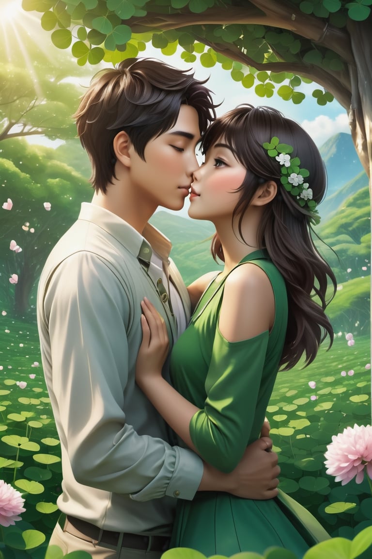 32K 3D fantasy digital painting of a young romantic Taiwanese couple close-up, full body, detailed face,  look like (sakimichan and makoto shinkai) style, Taiwanese handsome boy and Taiwanese pretty girl have romantic kissing moment stand on Clover treehouse in clover lakeland, surrounded by unimaginable Clover clusters, 32K close-up