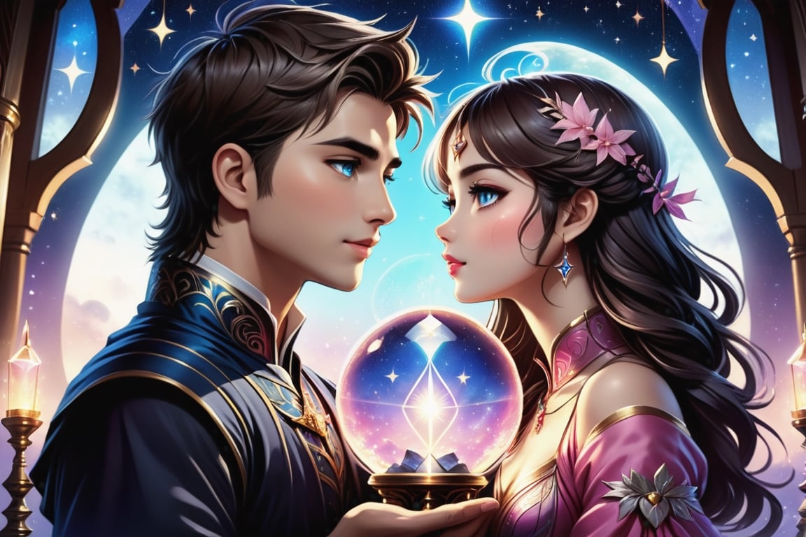 (Fidelity: 1.0), (masterpiece:1.5), (best quality:1.5), (ultra-detailed:1.5), (32K resolution:1.5), (close-up:1.2), 32K magical romantic Taiwanese comic art style, young cute romantic Taiwanese heterosexual close-up, full body, big eyes, detailed face and fingers, short-haired Taiwanese handsome boy and his beautiful Taiwanese girlfriend kiss next to a extremely (giant fantasy hourglass), best starlight romance, blue-pink gradient filter, exquisite quality, 32K, 32K high quality, intricate lighting, luminism, very high details, sharp background, mysticism, (Magic), 32K, 32K (close-up), 32K (Beautifully Detailed Face and Fingers), (Five Fingers), cinematic glowing light effects,DonMSn0wM4g1cXL,DonMC1rcu17Pl4nXL,DonMSt34mPXL,DonMD4rkT00nXL 
