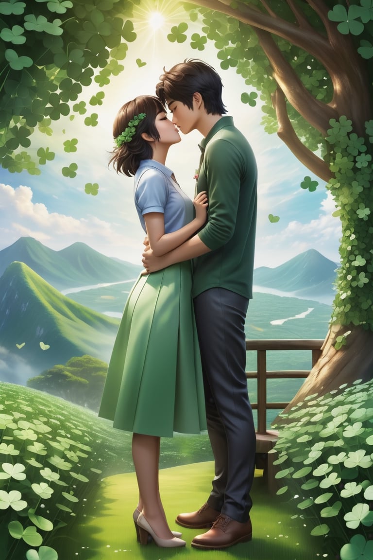 32K 3D fantasy digital painting of a young romantic Taiwanese couple close-up, full body, detailed face,  look like (sakimichan and makoto shinkai) style, Taiwanese handsome boy and Taiwanese pretty girl have romantic kissing moment stand on Clover treehouse in clover lakeland, surrounded by unimaginable Clover clusters, 32K close-up