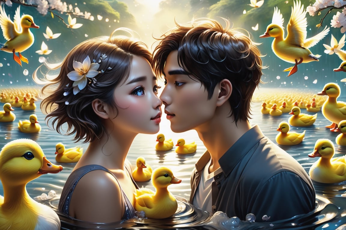 (masterpiece:1.5), (best quality:1.5), (ultra-detailed:1.5), (32K resolution:1.5), (close-up:1.2), 32K magical romantic Taiwanese comic art style, young cute romantic Taiwanese heterosexual close-up, full body, big eyes, detailed face and fingers, short-haired Taiwanese handsome boy and his beautiful Taiwanese girlfriend feeding ducks, many ducks, yellow ducks in a swirling whirlpool of golden hues, an intense emotion dances on the canvas,