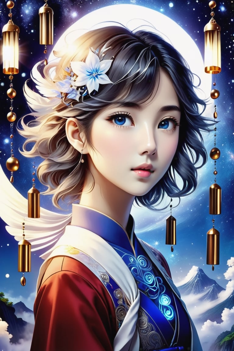 (Masterpiece, Best Quality: 1.5), Poser Art, 32K magical romantic (Taiwanese manga style:2), young cute romantic Taiwanese (hetero-couple close-up), full body, big eyes, detailed face and fingers, short-haired Taiwanese handsome young man and his beautiful Taiwanese girlfriend walk through wind chime cloister in a starry swirling whirlpool of bright lighting blue-white gradient hues, (wind chimes:2), tiny wind chimes, best starlight romance, blue-white gradient filter, exquisite quality, 32K, 32K high quality, intricate lighting, luminism, very high details, sharp background, mysticism, (Magic), 32K, 32K (close-up), 32K (Beautifully Detailed Face and Fingers), (Five Fingers), cinematic glowing light effects,DonMW15pXL