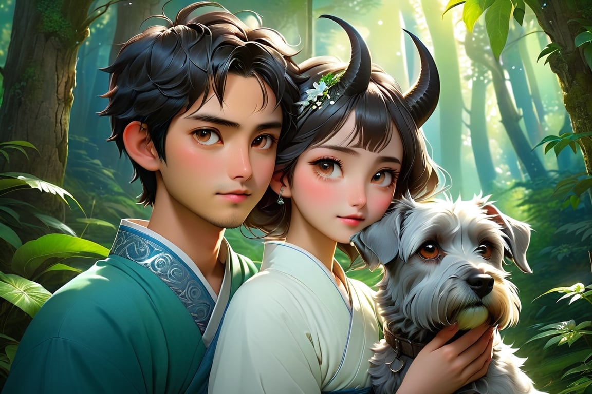 (Masterpiece, Best Quality: 1.5), 32K Magical Fantasy Romantic Line Art, Alpacifista. young, shiny, milky skin, a stunningly amazingly adorable big-eyes ((Taiwanese-teenage-couple)), who look like (sakimichan and makoto shinkai), 1boy and 1girl side by side, in a shimmering azure forest, a young Taiwanese teenage couple stroll hand in hand, accompanied by their beloved green schnauzer with head horns. The trio is bathed in the soft glow of the cerulean sky and the brilliant azure sun descending in the background. This dynamic and vivid image, likely a detailed painting, captures the couple's carefree spirit and the bond they share with their loyal canine companion. The rich hues and intricate details create a mesmerising scene that exudes tranquillity and harmony. intricate details, very high details, sharp background, mysticism, (Magic), 32K, 32K Quality close-up, (Beautifully Detailed Face and Fingers), (Five Fingers) Each Hand, creative glowing effect,DonM3lv3nM4g1cXL,stworki,dragon,DonMB4nsh33XL ,potma style,shards,Disney pixar style