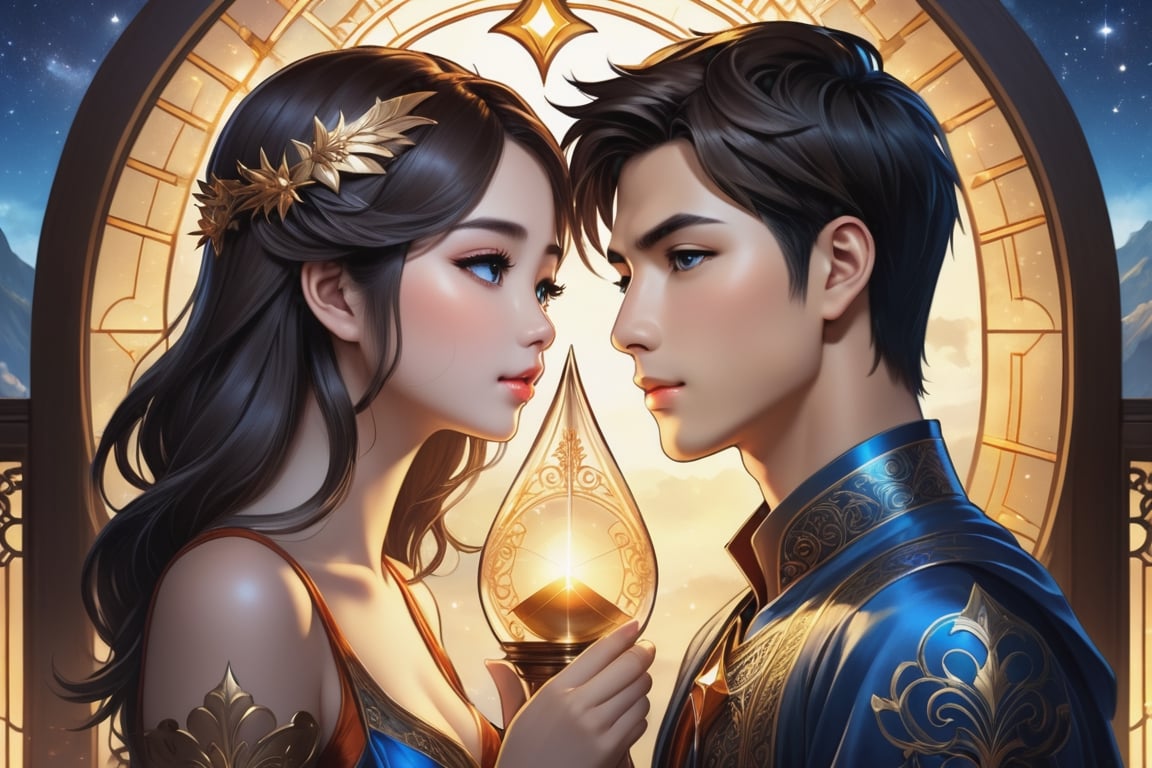 (Fidelity: 1.0), (masterpiece:1.5), (best quality:1.5), (ultra-detailed:1.5), (32K resolution:1.5), (close-up:1.2), 32K magical romantic Taiwanese comic art style, young cute romantic Taiwanese heterosexual close-up, full body, big eyes, detailed face and fingers, short-haired Taiwanese handsome boy and his beautiful Taiwanese girlfriend kiss next to a extremely (giant fantasy hourglass), best starlight romance, blue-dark orange gradient filter, exquisite quality, 32K, 32K high quality, intricate lighting, luminism, very high details, sharp background, mysticism, (Magic), 32K, 32K (close-up), 32K (Beautifully Detailed Face and Fingers), (Five Fingers), cinematic glowing light effects,DonMSn0wM4g1cXL,DonMC1rcu17Pl4nXL