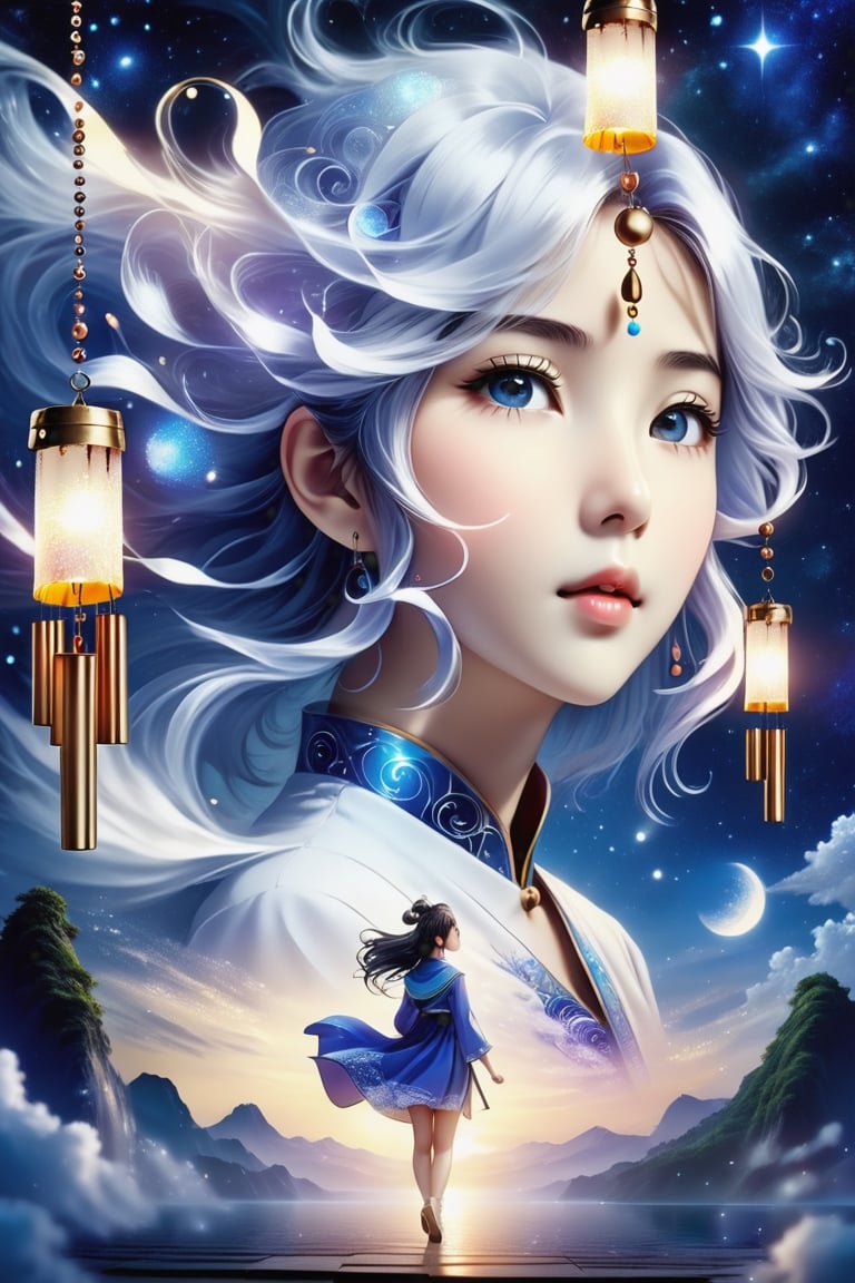 (Masterpiece, Best Quality: 1.5), Poser Art, 32K magical romantic (Taiwanese manga style:2), young cute romantic Taiwanese (hetero-couple close-up), full body, big eyes, detailed face and fingers, short-haired Taiwanese handsome young man and his beautiful Taiwanese girlfriend walk through wind chime cloister in a starry swirling whirlpool of bright lighting blue-white gradient hues, (wind chimes:2), tiny wind chimes, best starlight romance, blue-white gradient filter, exquisite quality, 32K, 32K high quality, intricate lighting, luminism, very high details, sharp background, mysticism, (Magic), 32K, 32K (close-up), 32K (Beautifully Detailed Face and Fingers), (Five Fingers), cinematic glowing light effects,DonMW15pXL