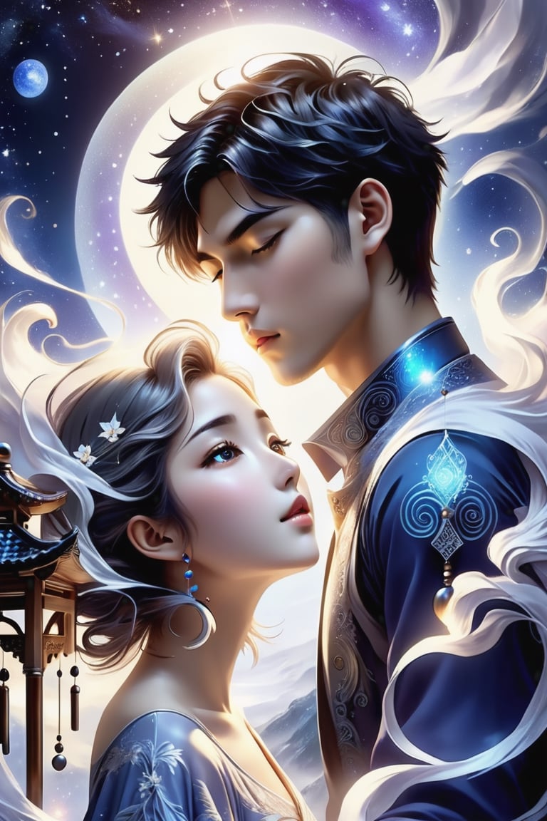 (Masterpiece, Best Quality: 1.5), Poser Art, 32K magical romantic (Taiwanese manga style:2), young cute romantic Taiwanese (hetero-couple close-up), full body, big eyes, detailed face and fingers, short-haired Taiwanese handsome young man and his beautiful Taiwanese girlfriend walk through wind chime cloister in a starry swirling whirlpool of bright lighting blue-white gradient hues, (wind chimes:2), tiny wind chimes, best starlight romance, blue-white gradient filter, exquisite quality, 32K, 32K high quality, intricate lighting, luminism, very high details, sharp background, mysticism, (Magic), 32K, 32K (close-up), 32K (Beautifully Detailed Face and Fingers), (Five Fingers), cinematic glowing light effects,DonMW15pXL