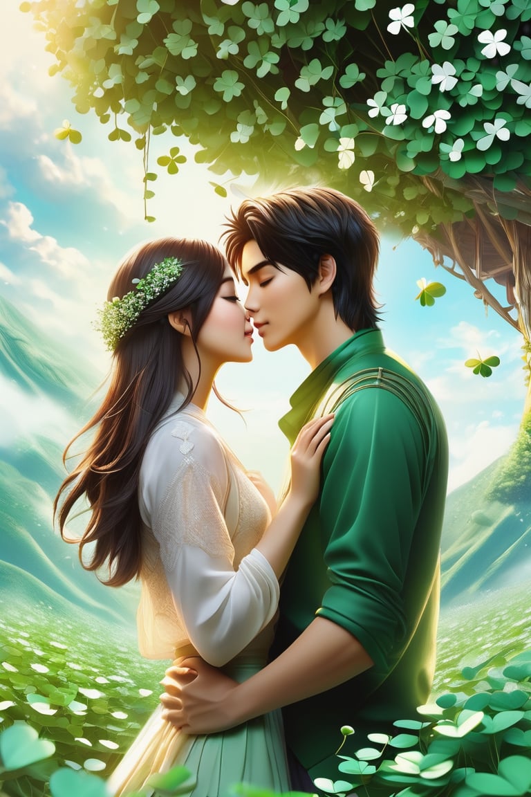 32K 3D fantasy digital painting of a young romantic Taiwanese couple close-up, full body, detailed face,  look like (sakimichan and makoto shinkai) style, Taiwanese handsome boy and Taiwanese pretty girl have romantic kissing moment stand on Clover treehouse in clover treehouse-land, surrounded by unimaginable Clover clusters, 32K close-up