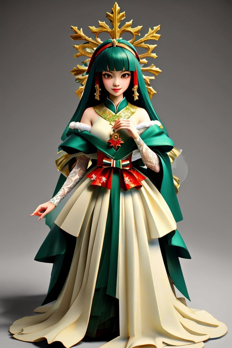 (Masterpiece, Best Quality: 1.5), Intricate paper sculpture, Christmas line art, 16K photo quality, a beautiful Christmas Taiwanese girl standing in a magic Christmas vally, 16K quality, (detailed beautifully face and fingers), (five fingers) each hand, clean background,3d figure,ral-chrcrts,kitsune