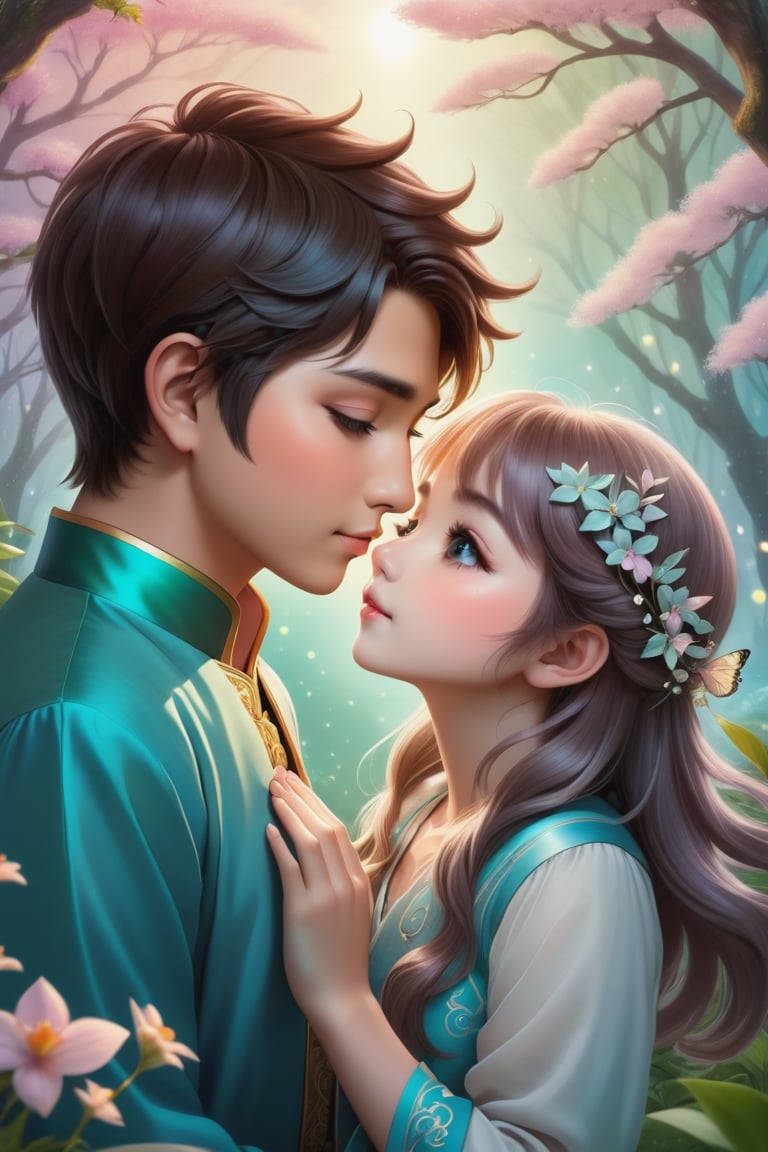 32K digital painting of 1boy-kiss-1girl by a soft anime-style nestled in a dreamscape, inspired by Nara Yoshitomo featuring pastel shades, whimsical creatures, interweaving Jeremiah Ketner's delicate flora and subtle surrealism, for a children's book illustration, gentle, ethereal, diffused natural light, intricate details, very high details, sharp background, mysticism, (Magic), 32K, 32K Quality close-up, (Beautifully Detailed Face and Fingers), (Five Fingers) Each Hand, creative glowing effect,aki