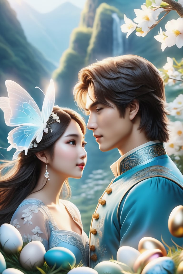 (Fidelity: 1.4), (Masterpiece, Best Quality: 1.5), Ultra High Resolution, Poster, Fantasy Art, Very Detailed Faces, 32K resolution, Chinese Style, a young romantic Taiwan couple close-up, Taiwan handsome boy and Taiwan pretty girl play with fantasy Easter bunnies and Easter Eggs in the fantasy eggland, best romance, Side Face, Quiet, Pale Blue outfits, Dark Brown Hair, white Ornament, White Ribbon, White Flower Bush, Light Blue Butterfly Flying, cinematic lighting effects, 