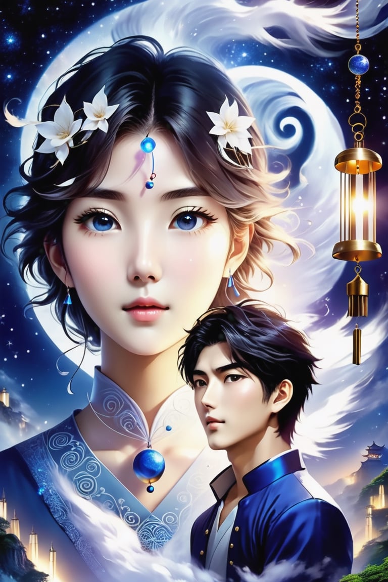 (Masterpiece, Best Quality: 1.5), Poser Art, 32K magical romantic (Taiwanese manga style:2), young cute romantic Taiwanese (hetero-couple close-up), full body, big eyes, detailed face and fingers, short-haired Taiwanese handsome young man and his beautiful Taiwanese girlfriend walk through wind chime cloister in a starry swirling whirlpool of bright lighting blue-white gradient hues, (wind chimes:2), tiny wind chimes, best starlight romance, blue-white gradient filter, exquisite quality, 32K, 32K high quality, intricate lighting, luminism, very high details, sharp background, mysticism, (Magic), 32K, 32K (close-up), 32K (Beautifully Detailed Face and Fingers), (Five Fingers), cinematic glowing light effects,DonMW15pXL