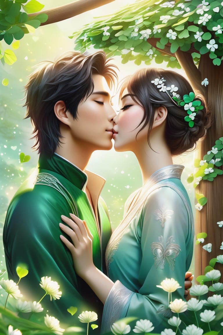 32K 3D fantasy digital painting of a young romantic Taiwanese couple close-up, full body, detailed face,  look like (sakimichan and makoto shinkai) style, Taiwanese handsome boy and Taiwanese pretty girl have romantic kissing moment stand on Clover treehouse in clover treehouse-land, surrounded by unimaginable Clover clusters, 32K close-up