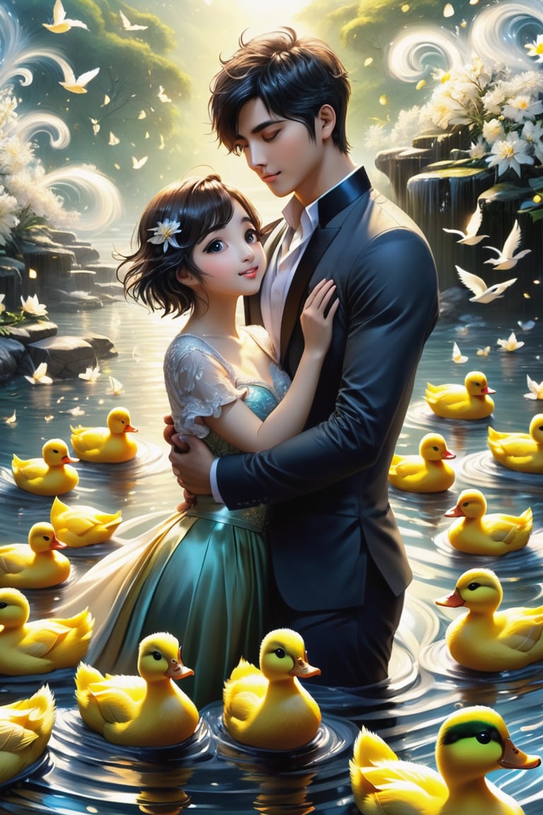 (masterpiece:1.5), (best quality:1.5), (ultra-detailed:1.5), (32K resolution:1.5), (close-up:1.2), 32K magical romantic Taiwanese comic art style, young cute romantic Taiwanese heterosexual close-up, full body, big eyes, detailed face and fingers, short-haired Taiwanese handsome boy and his beautiful Taiwanese girlfriend feeding ducks, many ducks, yellow ducks in a swirling whirlpool of golden hues, an intense emotion dances on the canvas,