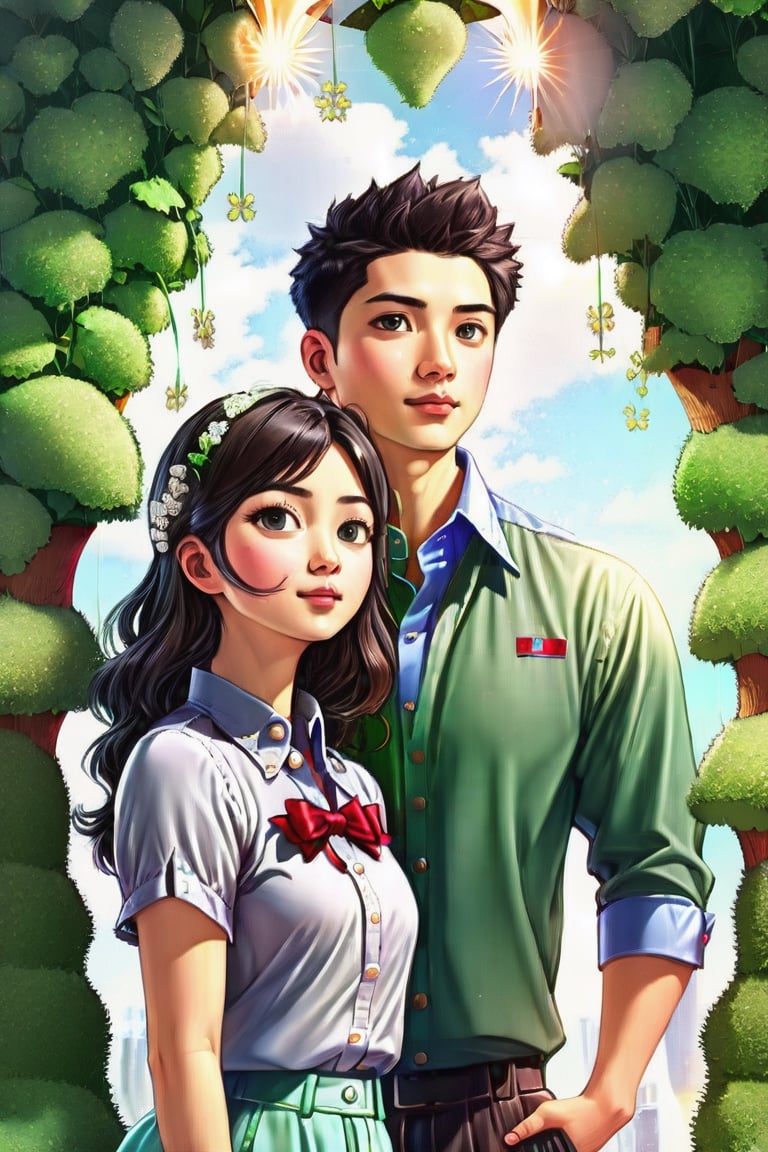 (Masterpiece, Best Quality: 1.5), 32K 3d digital painting. a shiny, milky skin, young, stunningly amazingly adorable big-eyes ((Taiwanese couple:2)), look like (sakimichan and makoto shinkai) style, 32K 3D fantasy digital painting of a young romantic Taiwanese couple close-up, full body, detailed face, look like (sakimichan and makoto shinkai) style, Taiwanese handsome boy and Taiwanese pretty girl have romantic kissing moment stand on Clover treehouse in clover treehouse-land, surrounded by unimaginable Clover clusters, 32K close-up