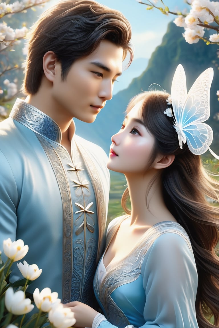 (Fidelity: 1.4), (Masterpiece, Best Quality: 1.5), Ultra High Resolution, Poster, Fantasy Art, Very Detailed Faces, 32K resolution, Chinese Style, a young romantic Taiwan couple close-up, Taiwan handsome boy and Taiwan pretty girl play with fantasy Easter bunnies and Easter Eggs in the fantasy eggland, best romance, Side Face, Quiet, Pale Blue outfits, Dark Brown Hair, white Ornament, White Ribbon, White Flower Bush, Light Blue Butterfly Flying, cinematic lighting effects, 