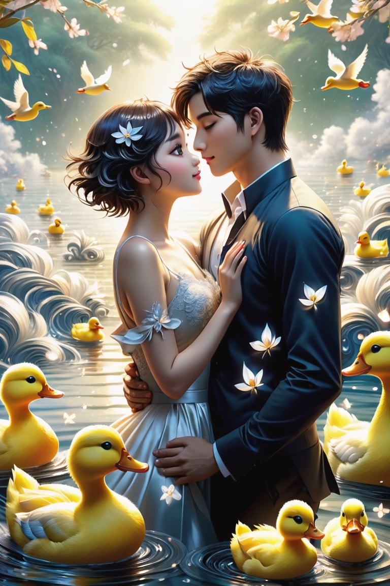 (masterpiece:1.5), (best quality:1.5), (ultra-detailed:1.5), (32K resolution:1.5), (close-up:1.2), 32K magical romantic Taiwanese comic art style, young cute romantic Taiwanese heterosexual close-up, full body, big eyes, detailed face and fingers, short-haired Taiwanese handsome boy and his beautiful Taiwanese girlfriend feeding ducks, many ducks, yellow ducks in a swirling whirlpool of golden hues, an intense emotion dances on the canvas,