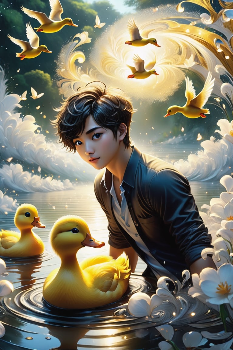 (masterpiece:1.5), (best quality:1.5), (ultra-detailed:1.5), (32K resolution:1.5), (close-up:1.2), 32K magical romantic Taiwanese comic art style, young cute romantic Taiwanese heterosexual close-up, full body, big eyes, detailed face and fingers, short-haired Taiwanese handsome boy and his beautiful Taiwanese girlfriend feeding ducks, many ducks, yellow ducks in a swirling whirlpool of golden hues, an intense emotion dances on the canvas,