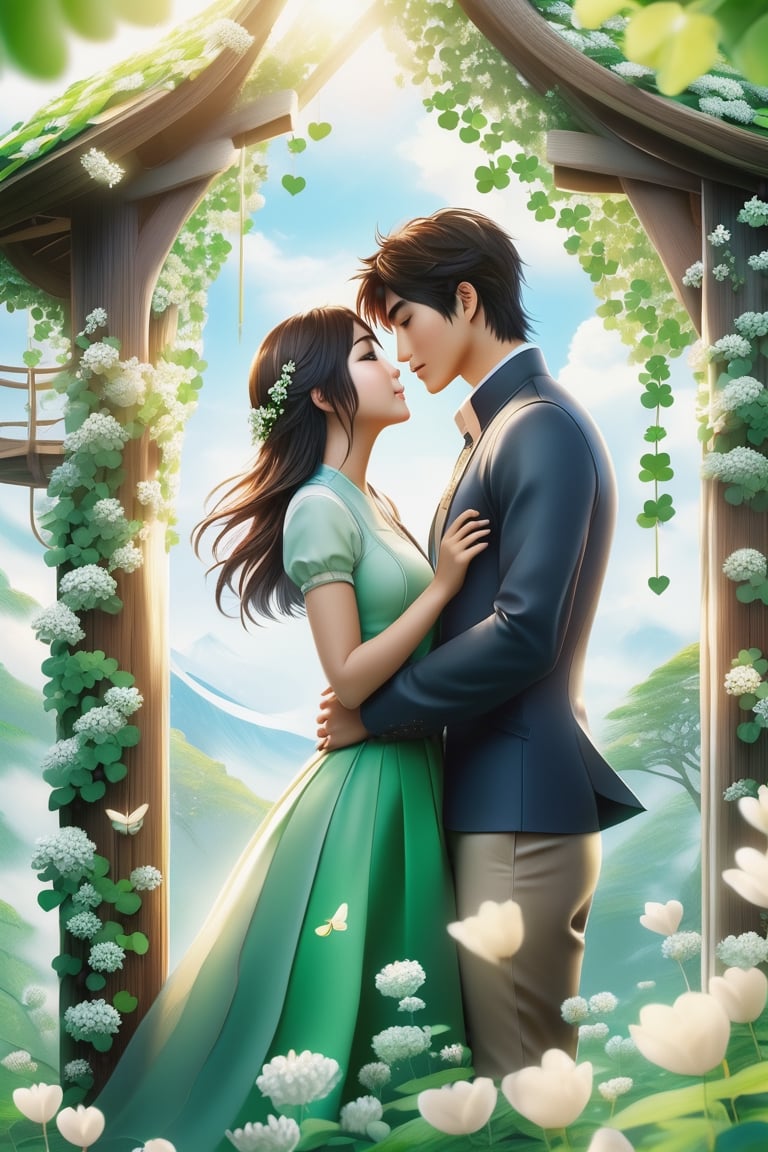 32K 3D fantasy digital painting of a young romantic Taiwanese couple close-up, full body, detailed face,  look like (sakimichan and makoto shinkai) style, Taiwanese handsome boy and Taiwanese pretty girl have romantic kissing moment stand on Clover treehouse in clover treehouse-land, surrounded by unimaginable Clover clusters, 32K close-up