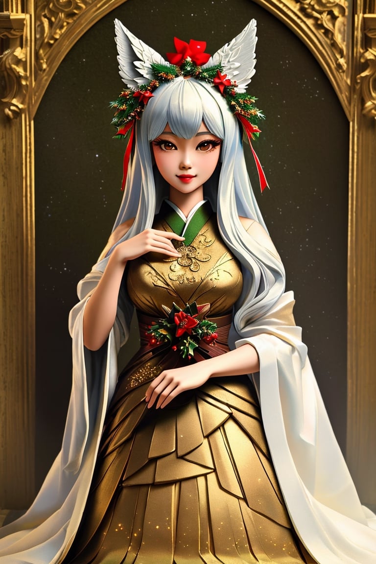 (Masterpiece, Best Quality: 1.5), Intricate paper sculpture, Christmas line art, 16K photo quality, a beautiful Christmas Taiwanese girl standing in a magic Christmas vally, 16K quality, (detailed beautifully face and fingers), (five fingers) each hand, clean background,3d figure,ral-chrcrts,kitsune