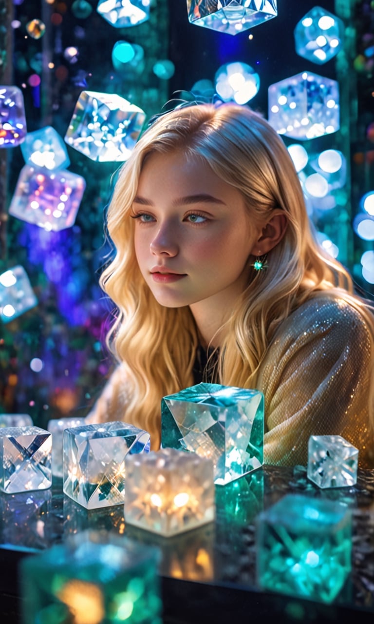 1girl European blonde hair chilling in the crystal museum light_cubes, diamond surface, twinkle glow, cool vibes, nurturing gesture, depth of field, bokeh background, dfdd,xxmix_girl,aesthetic portrait,DonMG414XL