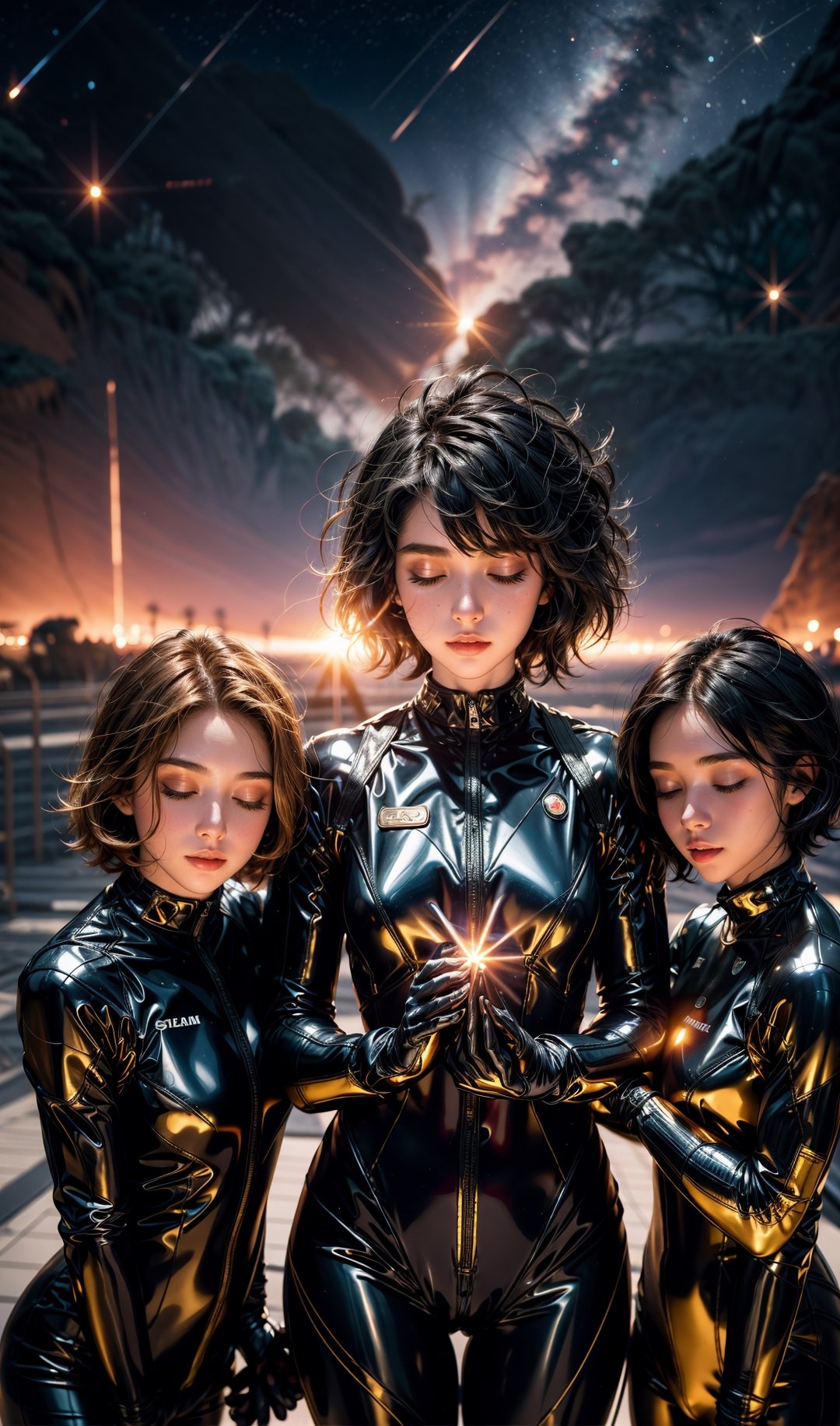 3 girls , in galaxy, sun, stars, flying pose, closed_eyes, short hair, various space suit, star in the palm of the hand, shinny hair,