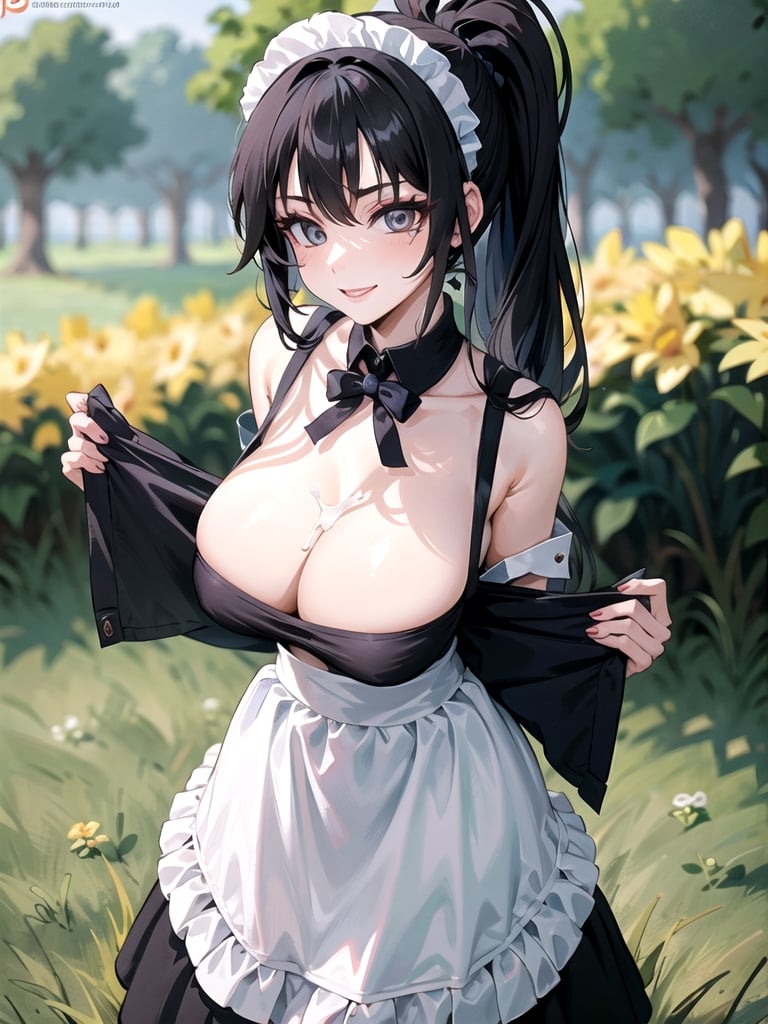 (narberal gamma), (masterpiece:1.3), (maid dress),(long skirt), 1girl, solo, eye focus, (1girl), (solo), cowboy_shot, beautiful detailed eyes, symmetric eyes, narrow eyes, (black eyes), expressive eyes, pretty eyelashes, glossy eyes, (black hair), (high ponytail), 1girl, evil smile , looking_at_viewer, (large breasts), cleavage, (park), scenery, trees night,maid,maid_dress,phlg, black hair, pink highlight, no bra, covered in cum. Goth makeup 