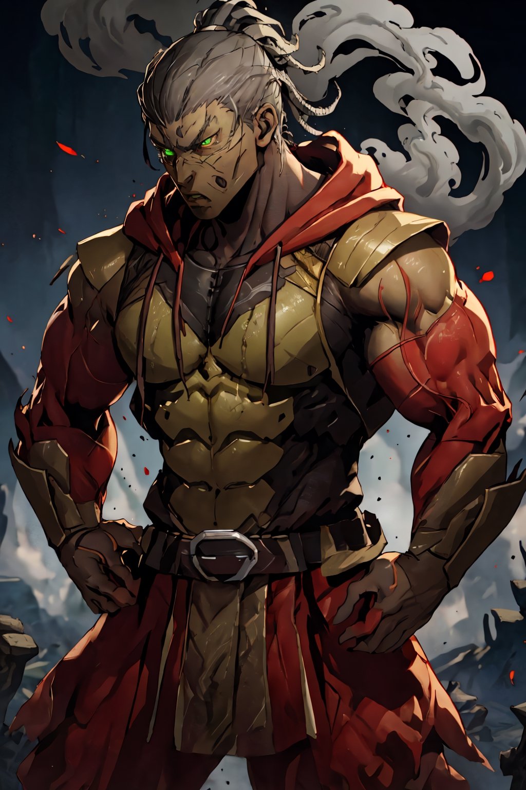 4K UHD illustration, upscaled professional drawing HDR, athletic built male,  form fitting black bodysuit under red ninja costume (:1.9) detailed muscular arms, black hooded costume,  stern expression, detailed mortal kombat themed red ninja mask (:1.9) full-body_portrait (:1.9) red mismatched shin and wrist pads, handsome man,Pectoral Focus, at an abandoned graveyard backdrop, real life, 300dpi,  upscaled 8K, masterpiece,  finest quality art,  perfect anatomy,  perfect hands, swirling eerie green smoke, sharp focus, grey skin tone, focus on red ninja costume, green glowing aura,  intense green eyes (:1.9) zscrp,zxsmk,zxcrx
