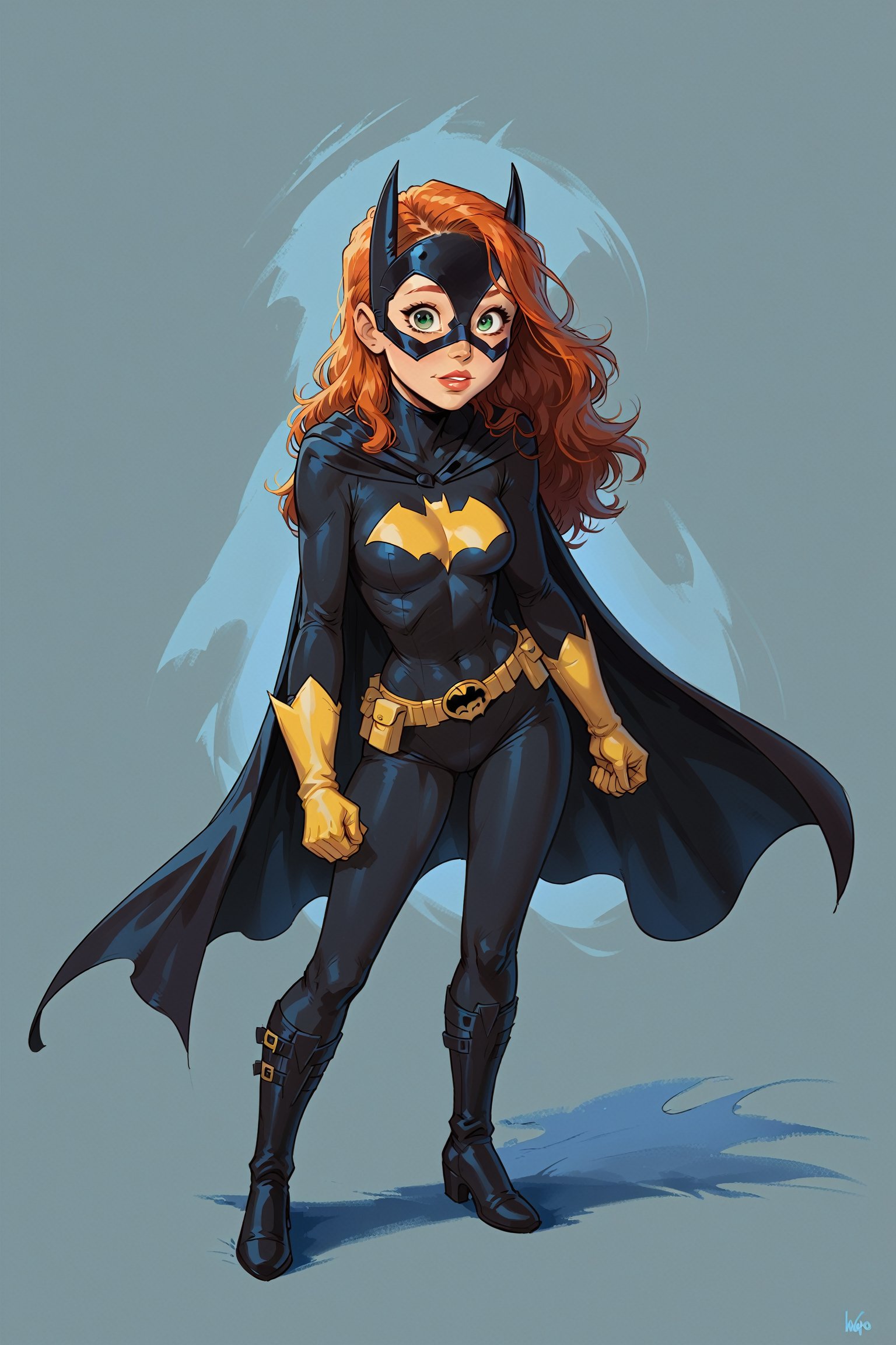 score_9,score_8_up,score_7_up,score_6_up, 1girl, stuningly beautiful female focus, batgirl from DC comics (:1.9) 15yrs, petite build, child like focus, big eyes, cute, intense green eyes, standing_up, legs spread, midriff_peek (:1.1) solo scene (:1.9) full body portrait (:1.9) 300dpi, upscaled 8K, masterpiece, finest quality art, perfect anatomy, perfect hands (:1.9) red hair (:1.9) form fitting (full body) classic (:1.9) young female focus (:1.9) blank background, cute image (:1.9) ,j_cartoon, perfect hands, batgirl cowl (:1.8) 