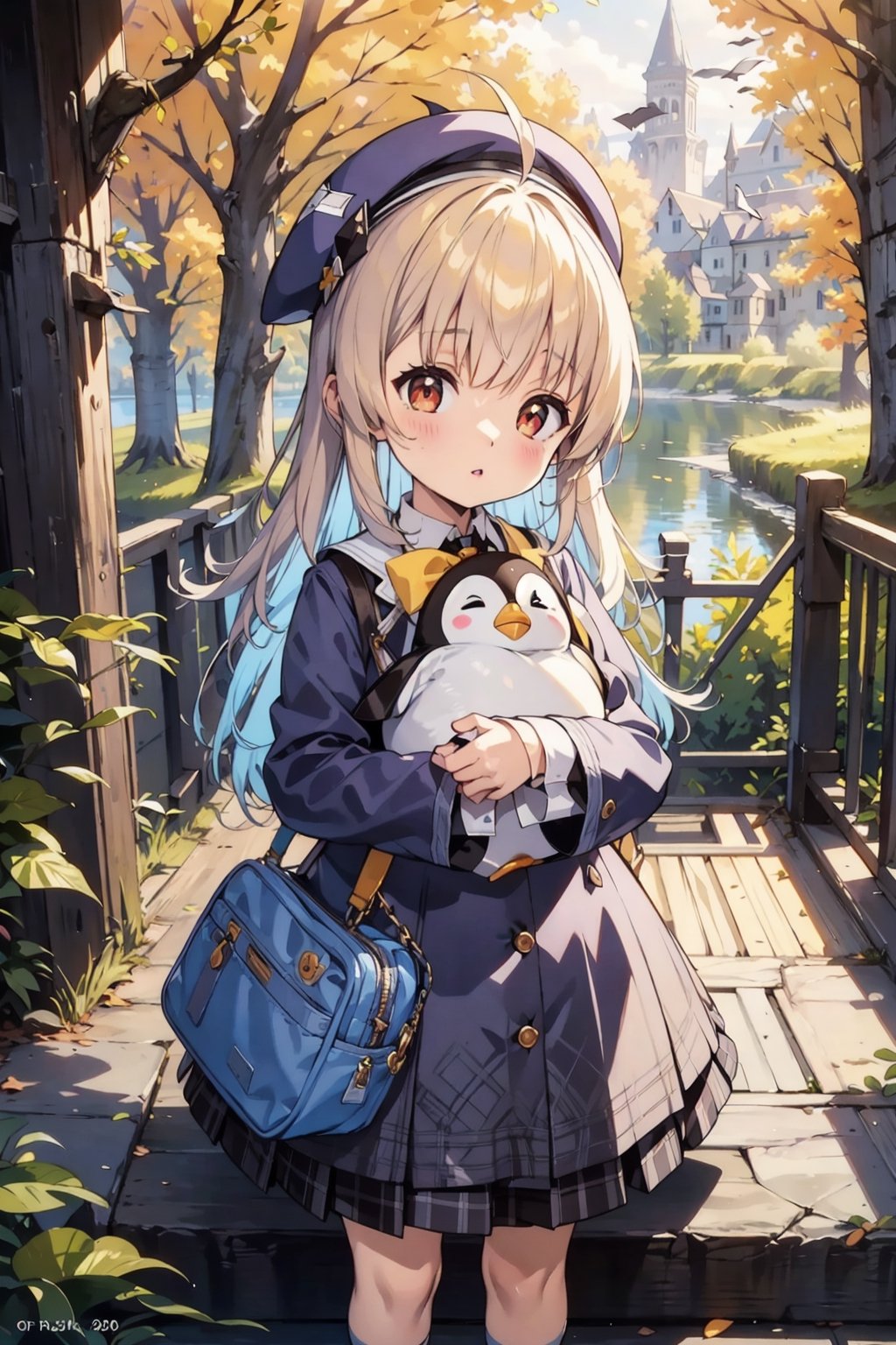 masterpiece,illustration,ray tracing,finely detailed,best detailed,Clear picture,intricate details,highlight,
anime,
gothic architecture,
looking at viewer,

nature,gothic architecture,bird,the lakeside in the heart of the forest,the staircase of the balcony,

NikkeRei,
1girl,loli,baby,long hair,hat,
yellow bow,yellow bag,skirt, cowboy shot,
NikkePenguin,Penguin,A penguin sleeping in its owner's arms,
sitting,
