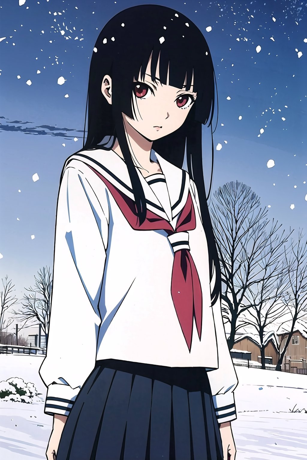 Enma Ai, 1girl, solo, school uniform, long hair, black hair, snow, serafuku, snowing, black serafuku, hime cut, scarecrow, 