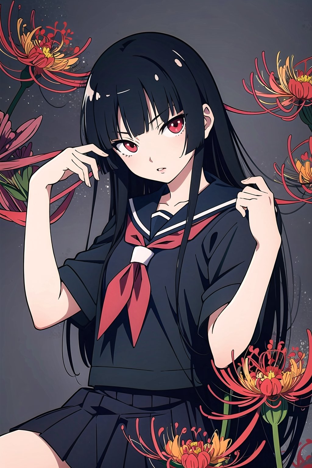 Enma Ai, 1girl, long hair, solo, flower, black hair, red eyes, spider lily, hime cut, school uniform, serafuku, black serafuku, skirt,looking at viewer,