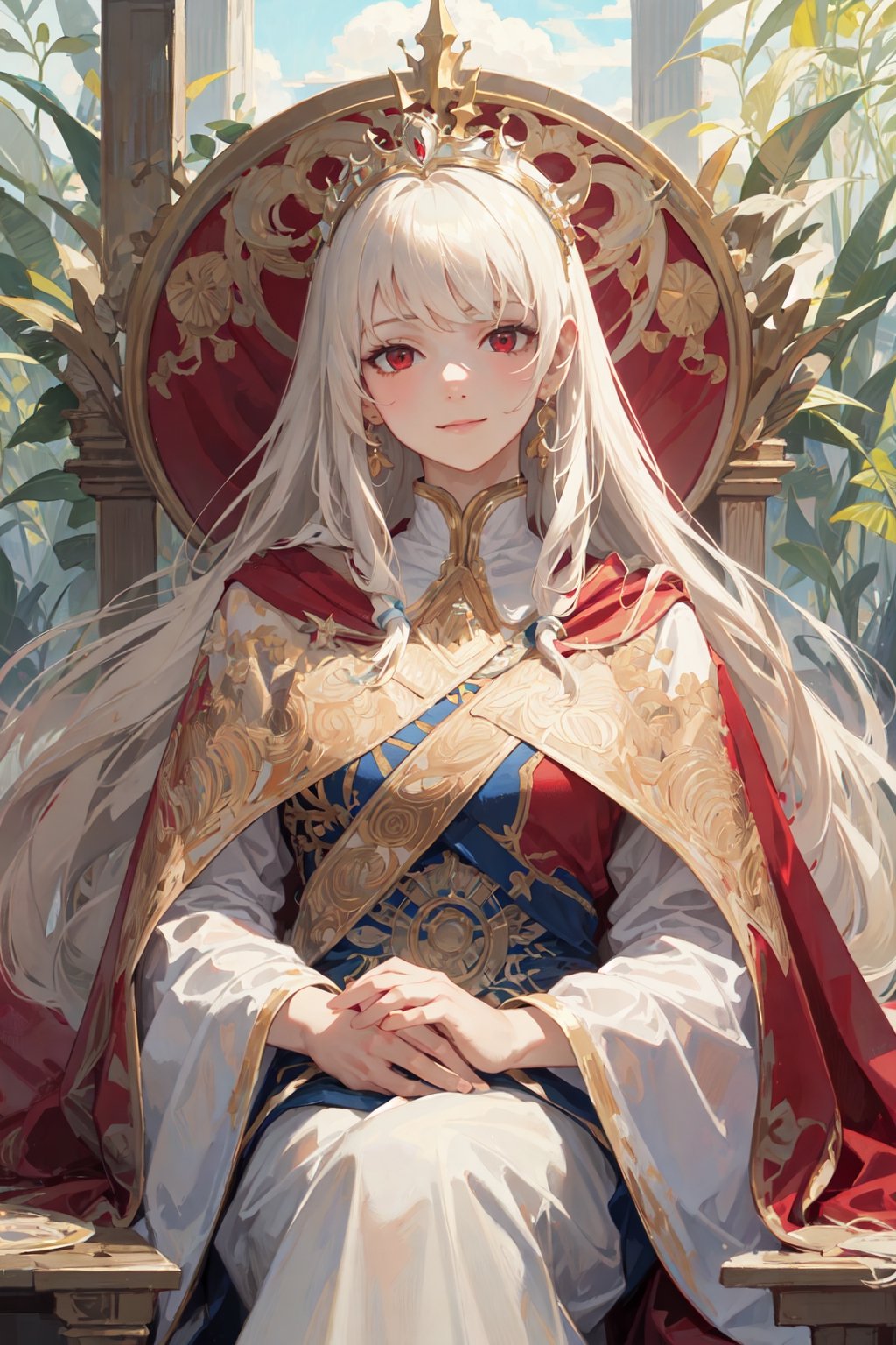 (masterpiece, best quality), 1girl, solo, (the empress:1.15), platinum blonde, long hair, (red cape), Curtain, white dress, queen dress, aurora, (sunshine, sky, river, forest), expressionless, red eyes, very long hair, (art nouveau:1.2), alphonse mucha, tiara, (face focus, upper body), sit, (red throne:1.12), tiara, crossing legs, highly intricate details, realistic light, smile,masterpiece