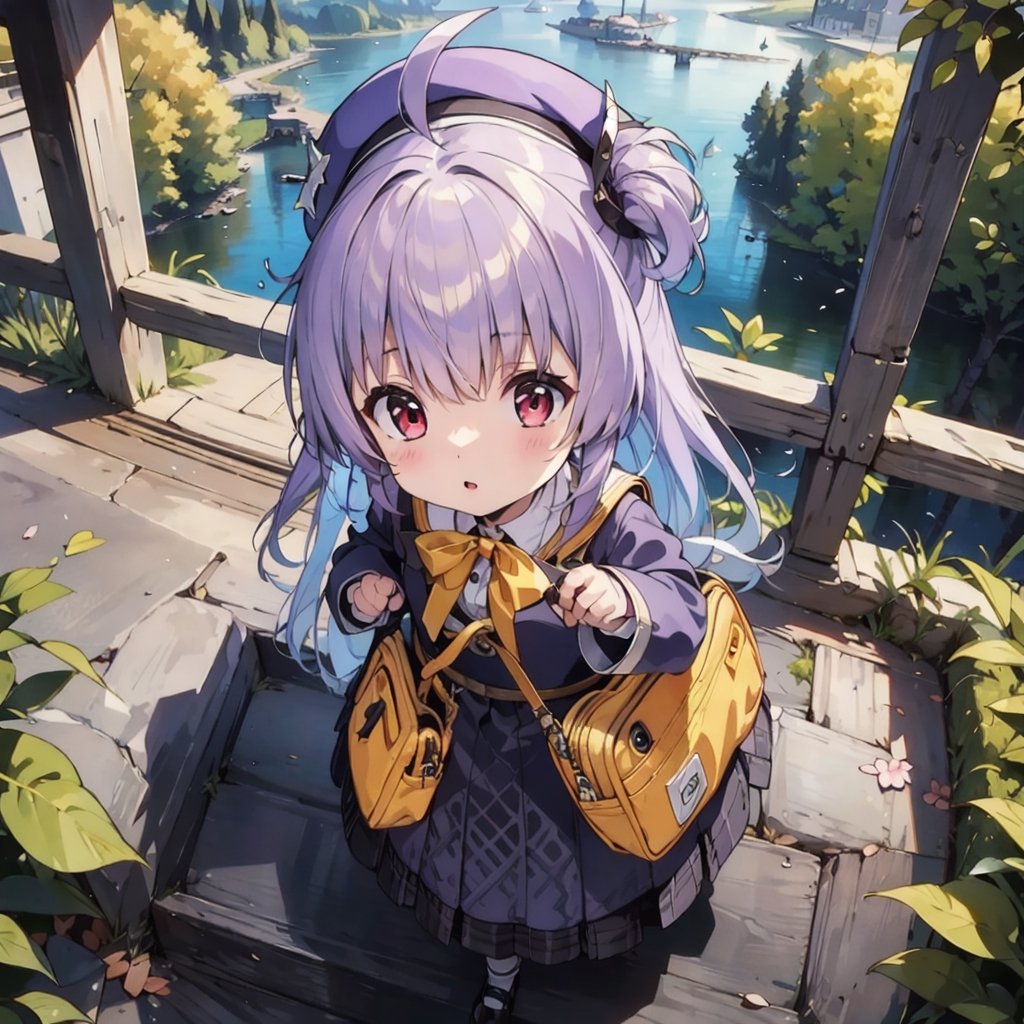 masterpiece,illustration,ray tracing,finely detailed,best detailed,Clear picture,intricate details,highlight,
anime,
gothic architecture,
looking at viewer,

nature,gothic architecture,bird,the lakeside in the heart of the forest,the staircase of the balcony,

NikkeRei,
1girl,loli,baby,long hair,hat,light purple hair,
yellow bow,yellow bag,skirt,
NikkePenguin,
from above,
sitting,